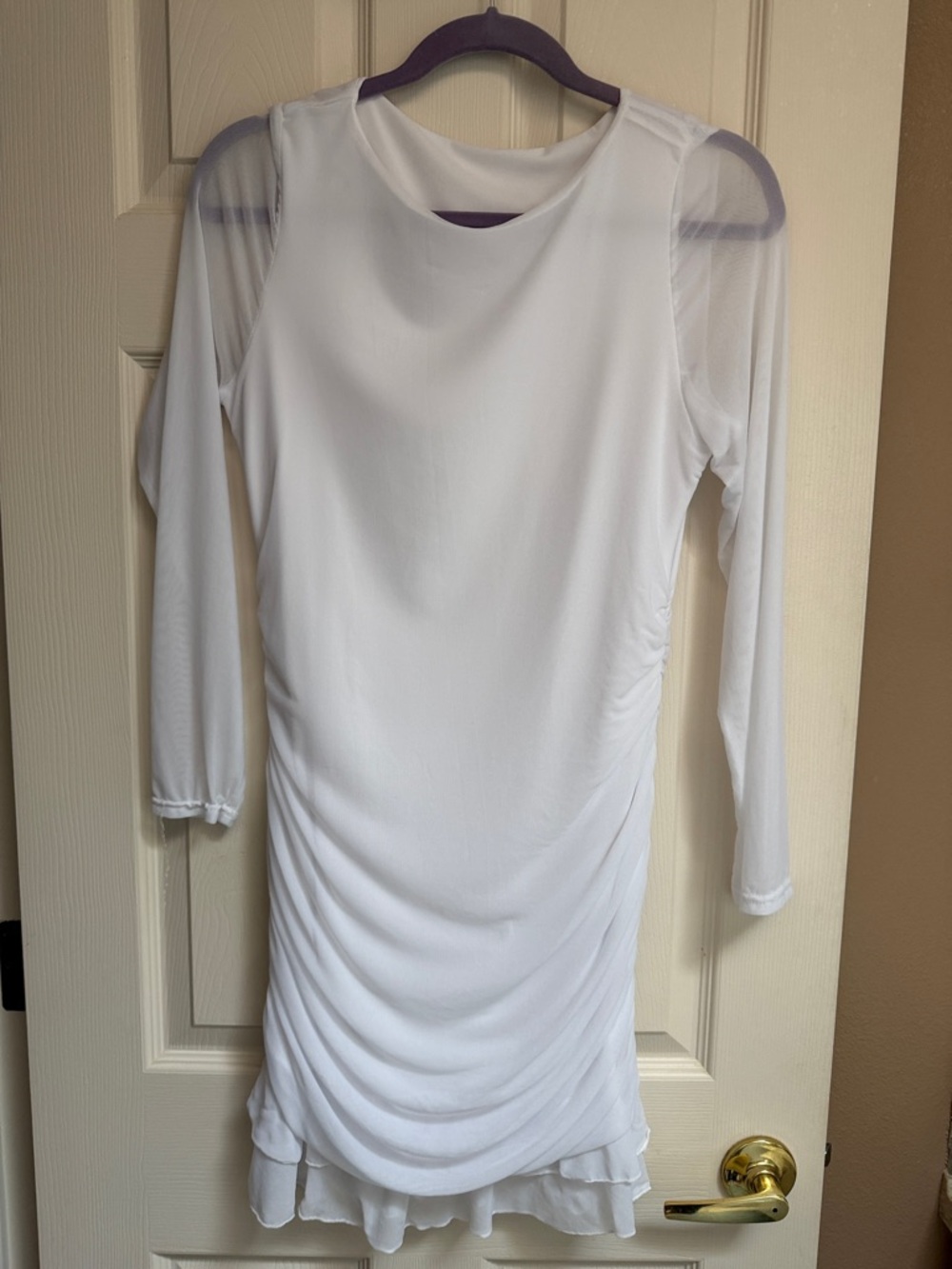 White Long Sleeve Ruched Mini Dress